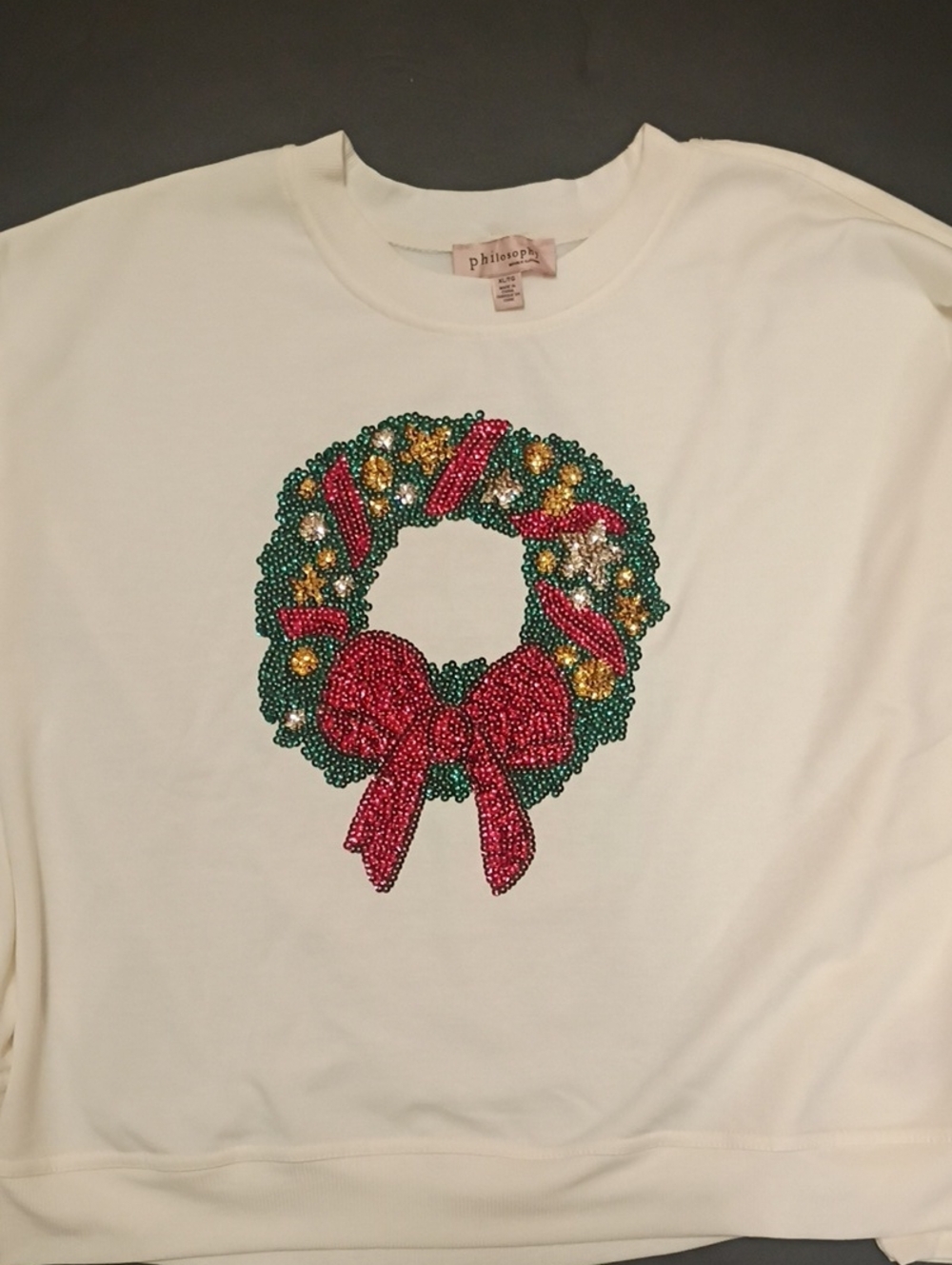 Philosophy Cream Beaded Holiday Wreath Sweatshirt